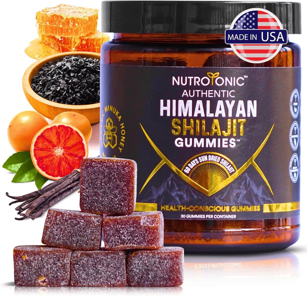 Organic SHILAJIT Gummies by NutroTonic | Cane Sugar Free, Sweetened by Organic Manuka Honey | Clean Formula | Natural Fulvic & Humic Acid | Heart & Brain, Cellular Health | 30 Healthy Gummies (1)