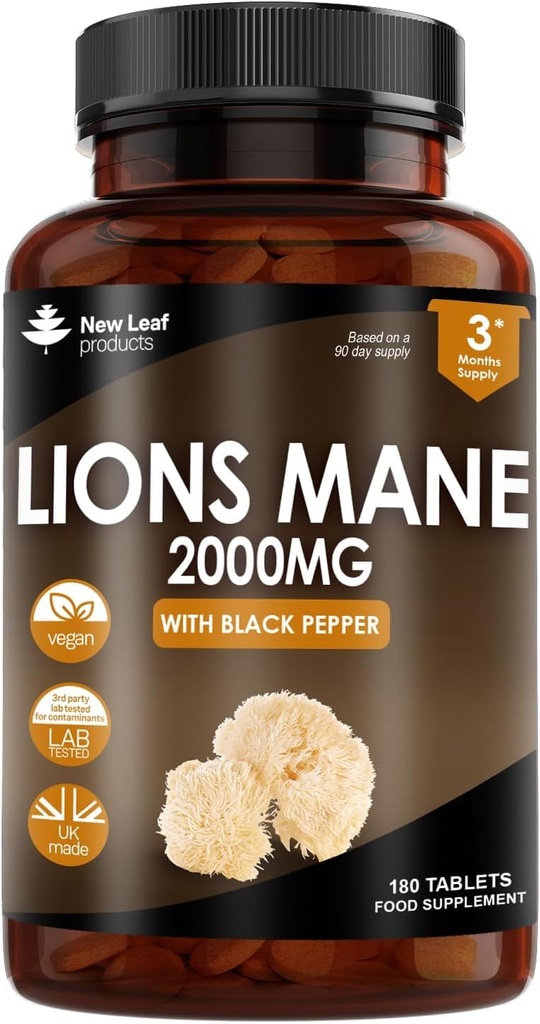 New Leaf Products Lions Mane Mushroom Extract Supplement 2000mg - 180 High Strength Vegan Tablets with Black Pepper - (Not Powder or Capsules) Made in The UK