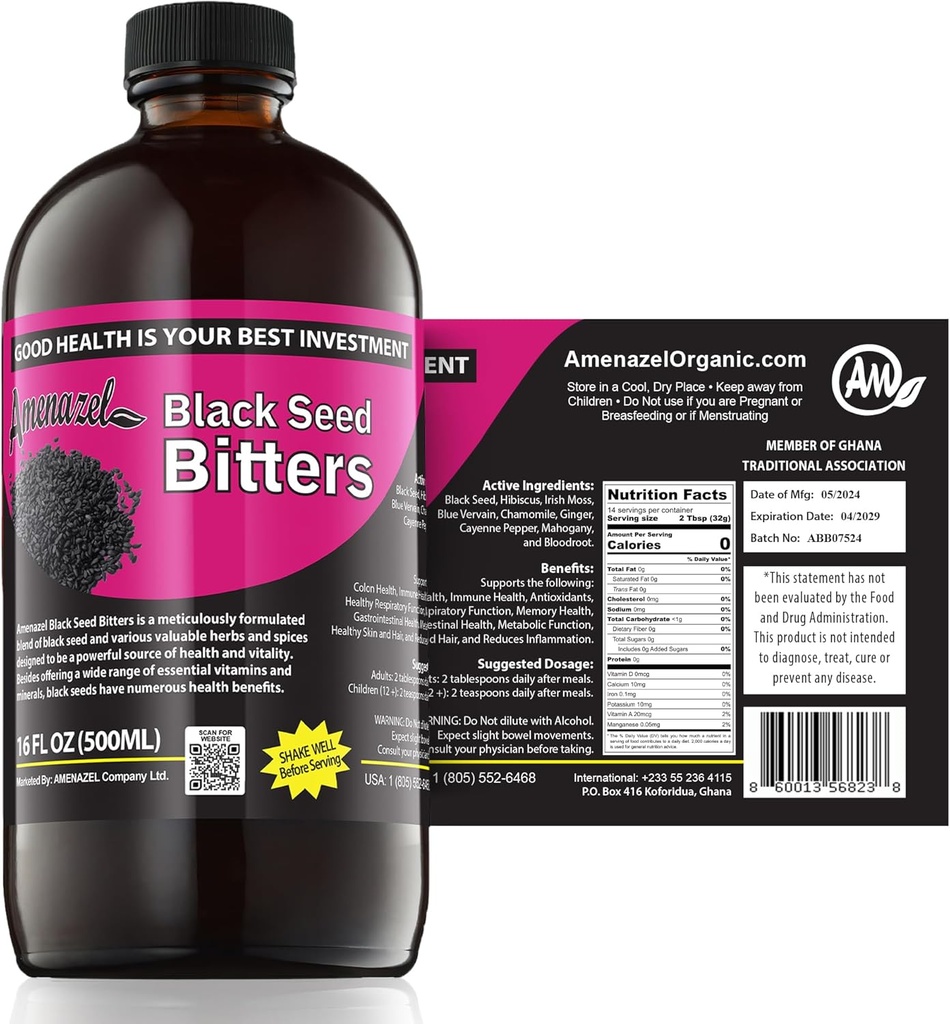 Amenazel Organic Black Seed Bitters, 16 fl oz.
