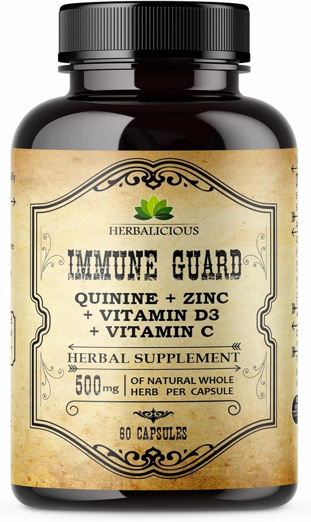 HERBALICIOUS Quinine Immune Guard - Quinine Capsules Supplement with Vitamin C, D3, Zinc - for Muscle Cramps Relief & Stomach Wellness - Non-GMO Cinchona Bark Herbal Supplements - 500mg, 60 Capsules