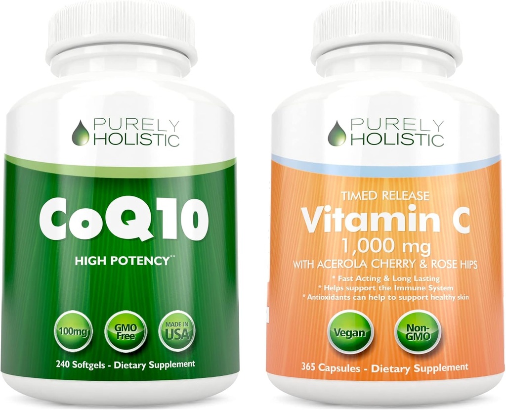 Purely Holistic CoQ10 100mg + Vitamin C 1000mg with Rosehip & Acerola Cherry Bioflavonoid - 120 Softgels & 365 Capsules Bundle - Made in USA