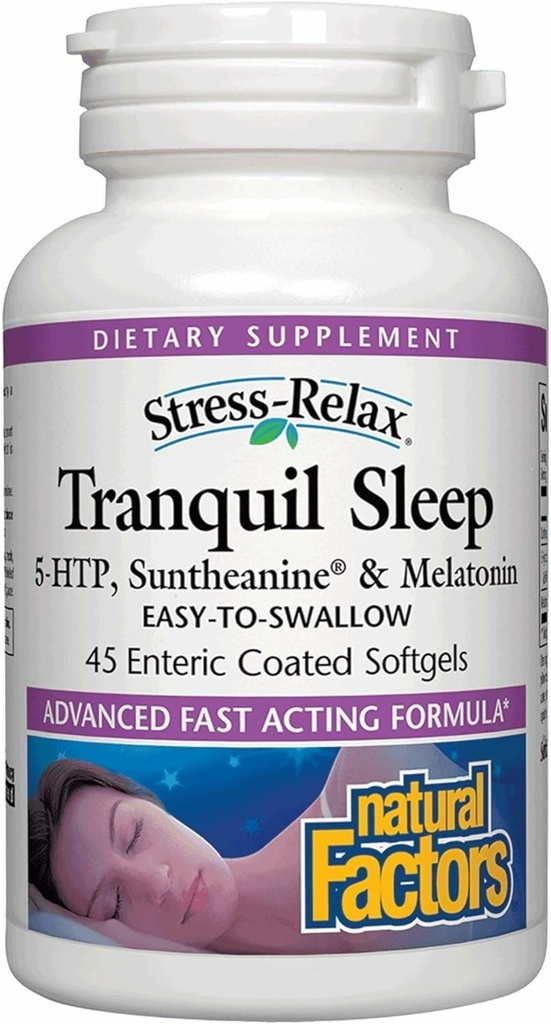 Stress-Relax Tranquil Sleep by Natural Factors, Sleep Aid with Suntheanine L-Theanine, 5-HTP, Melatonin, 45 Softgels