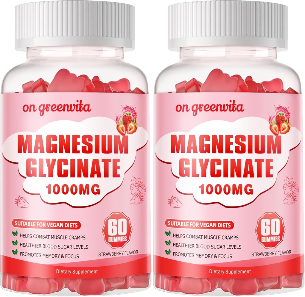 Magnesium Glycinate Gummies 1000mg - Sugar Free Magnesium Potassium Supplement with Vitamin D, B6, CoQ10 for Calm Mood & Sleep Support - 120 Strawberry Gummies 2 Pack