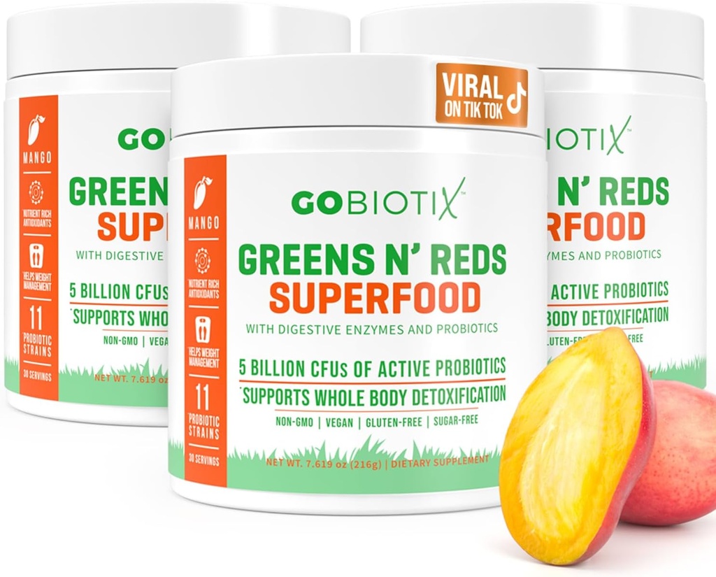 GOBIOTIX Greens Powder - Superfood with Greens and Reds - Probiotic Supplement - Digestive Enzymes and Beet Root Powder - Organic Whole Foods Dietary Supplement (Mango, 3 Pack)