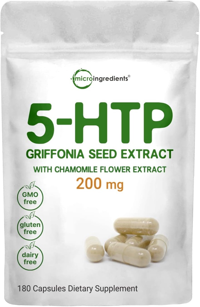Micro Ingredients 5-HTP 200mg with Chamomile Flower Extract, 180 Capsules, 2 in 1 Formula, 98% Griffonia Seed Extract, Enhanced with Chamomile | Highly Bioavailable for Mood, Sleep & Relaxation