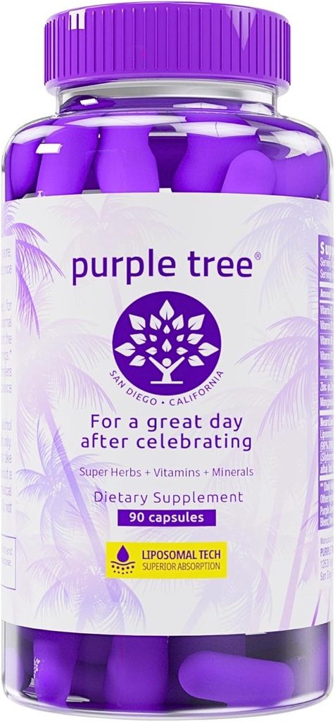 purple tree Post-Celebration Wellness Supplement | Liposomal Dihydromyricetin (DHM), L-Glutathione, Milk Thistle for Liver Support & Hydration | Electrolytes, B Vitamins, Willow Bark | 90 Pills