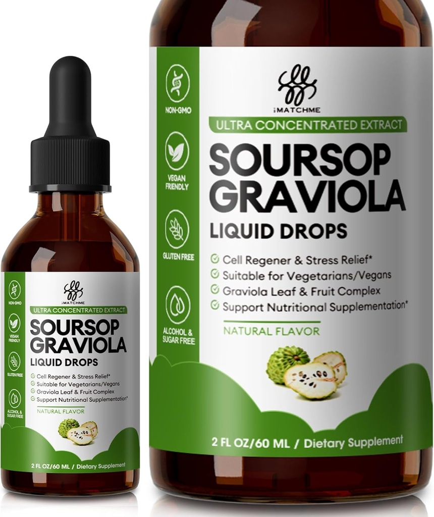 iMATCHME Soursop Graviola Liquid Drop for Cell Support & Regeneration, Immune System and Gut Health Support, Pure Soursop Bitters Liquid, High Absorption, Sugar/Gluten Free, Natural Flavor, 2 Fl Oz