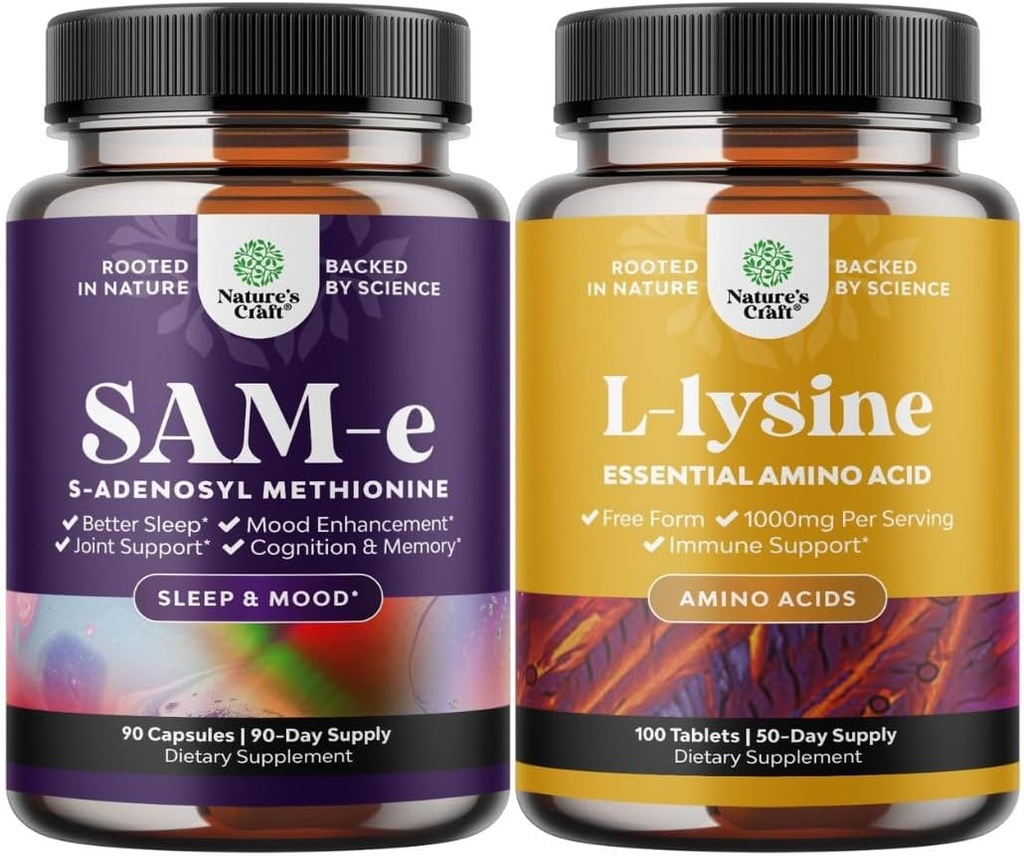 Bundle of Pure SAM E Supplement 150mg - Nootropic Same 150mg Per Serving for Memory & Brain Support and L Lysine 1000mg Free Form - L-Lysine Supplement for Eye Health Lip Care Collagen Synthesis