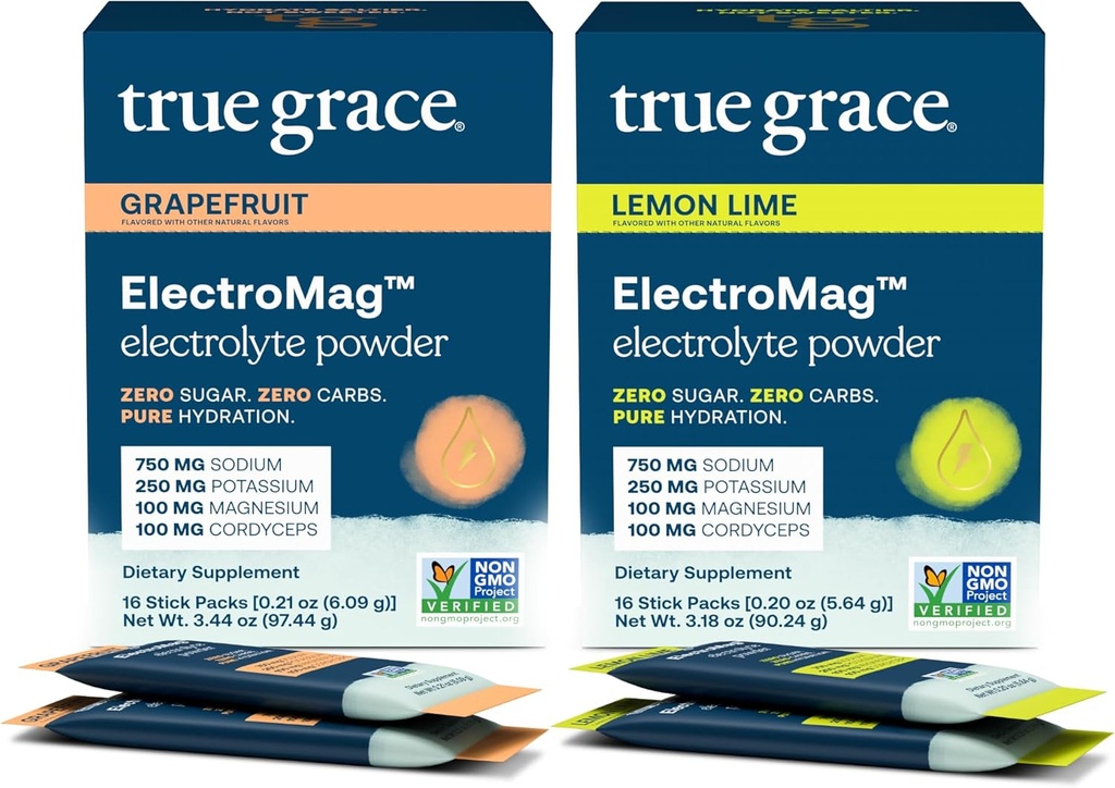 True Grace ElectroMag - Grapefruit (16 Stick Packs) + Lemon Lime (16 Stick Packs) - Electrolyte Powder for Rapid Hydration - Zero Sugar & Carbs - Non-GMO - 32 Total Servings