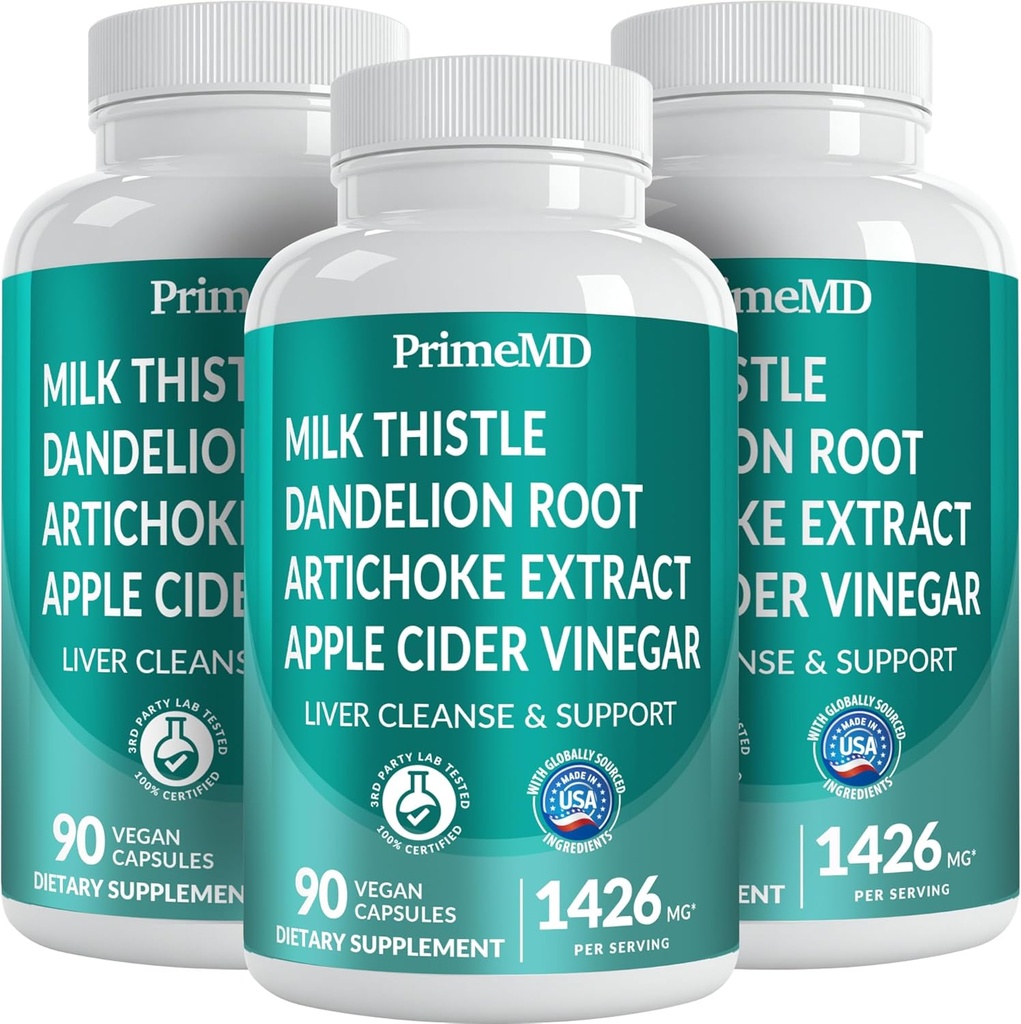 PrimeMD 32-in-1 Liver Cleanse Detox and Repair with Milk Thistle, Silymarin, Artichoke Extract, Beetroot Powder - Gallbladder Supplement with Active Liver Health Formula - 1426mg (90ct, Pack of 3)