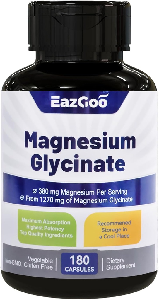 Magnesium Glycinate Capsules 1270mg, 380mg Magnesium Supplement, High Absorption Magnesium Glycinate Supplement, Non-GMO No Gluten, 180 Capsules