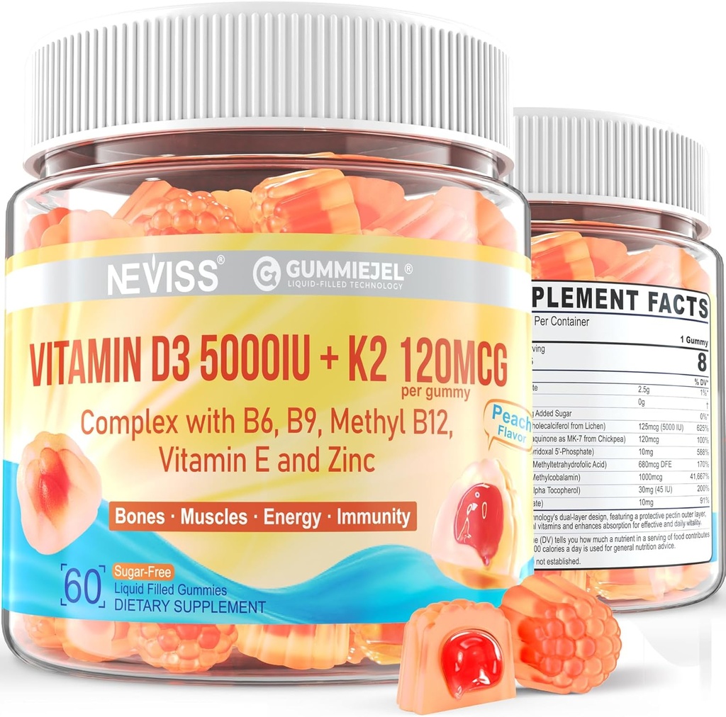 Vitamin D3 5000IU + K2 (MK-7) 120mcg, Sugar-Free Vitamin D3 K2 Filled Gummies with Vitamin B Complex - Methyl B12, B9, B6 | Vitamin E & Zinc, MCT Oil - Supports Bone & Teeth Strength, Immune, 1PACK