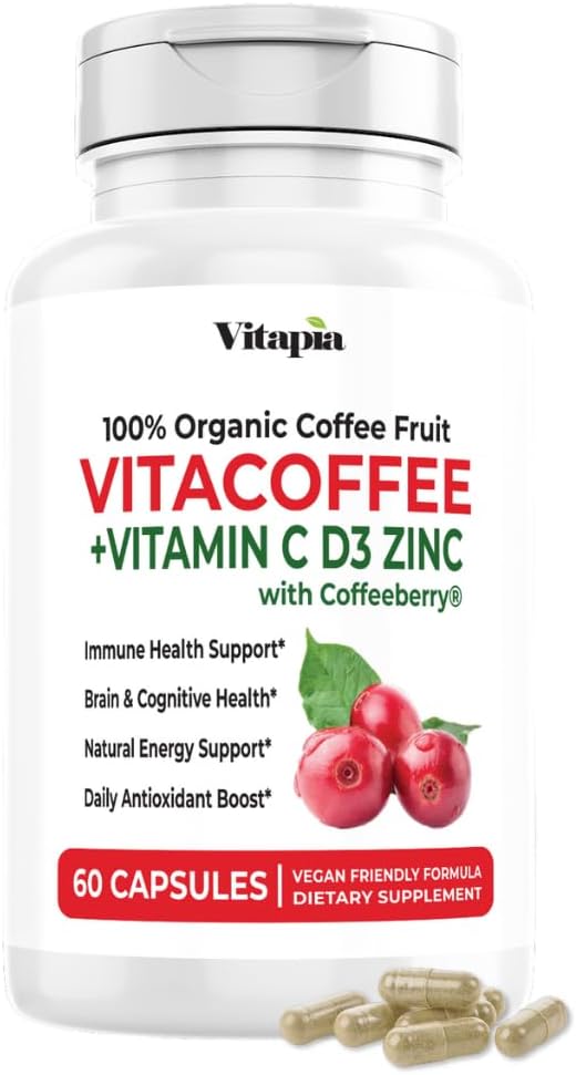 Vitacoffee Caffeine Pills - Coffee Fruit, Vitamin C, Vitamin D, Zinc Gluconate - Energy, Memory, Focus, Antioxidant, Skin Support - 60 Veggie Capsules - Non-GMO, Gluten-Free, Vegan Supplement