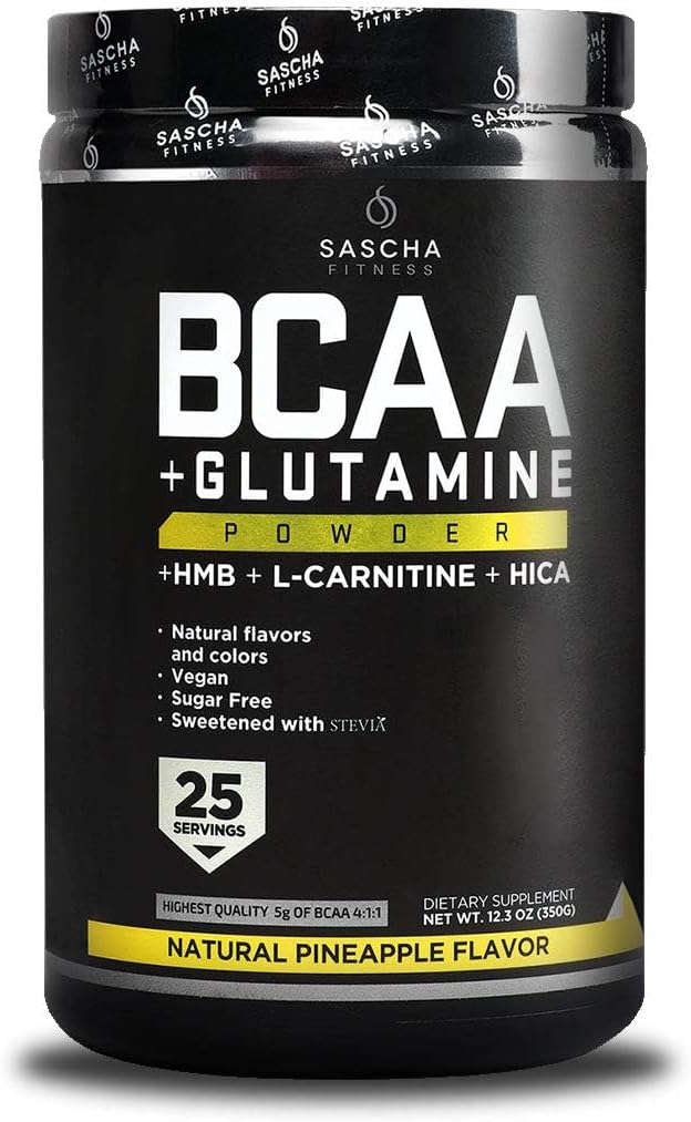 SASCHA FITNESS BCAA 4:1:1 + Glutamine,HMB,L-Carnitine, HICA | Powerful and Instant Powder Blend with Branched Chain Amino Acids (BCAAs) for Pre, Intra and Post-Workout|Natural Pineapple Flavor,362.5g