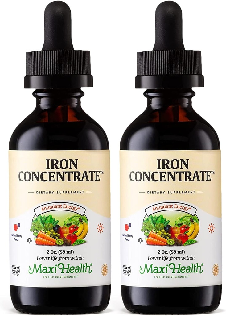 Maxi Health Iron Supplement 15mg Per ML – Increase Energy and Blood Levels Without Nausea or Constipation – Liquid Iron Drops for Men, Women, and Kids – 2 oz. (2 oz, 2 Pack)