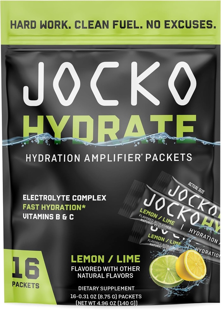 Jocko Fuel Packets Low Sugar - Hydration Amplifier Packets for Recovery, Dehydration, & Exercise - with Vitamins B6, B12 & C (16 Packets) Lemon Lime