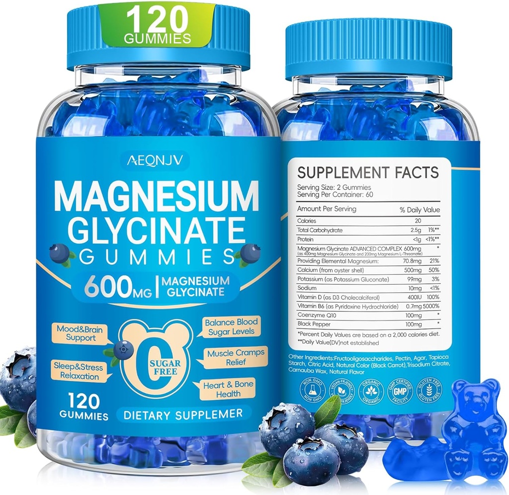 Magnesium Glycinate Gummies 600mg, Chewable Sugar Free Potassium Magnesium Gummies with Manganese Glycinate, Vitamin D, B6, and CoQ10 for Calm Support & Sleep for Adults, 60 Days Supply