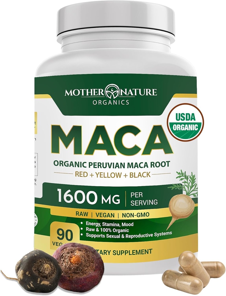 Mother Nature USDA Organic Maca Root Black + Red + Yellow Capsules Peruvian Maca for Men & Women 1600mg, Vegan Pills, Supports Mood, Hormonal Balance Reproduction & Energy (90ct)