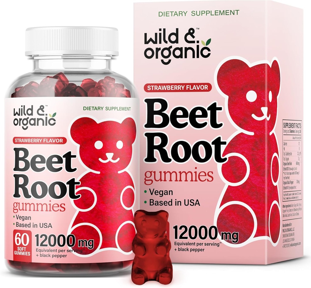 Wild & Organic Beet Root Gummies 12000 mg - Red Beets Supplements for Women and Men with Beetroot Powder - 60 Pectin-Based Chews