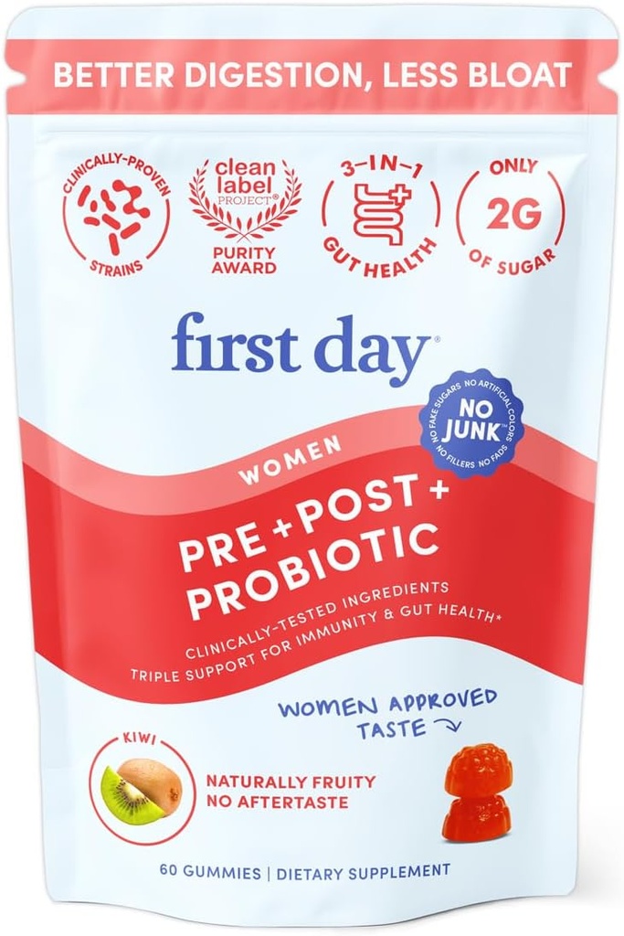 FIRST DAY Women’s Good Gut Tribiotic Gummies – 3-in-1 Prebiotic, Probiotic & Postbiotic Supplement – Supports Immune Function and Digestive, Oral, Skin & Vaginal Health – 30-Day Supply
