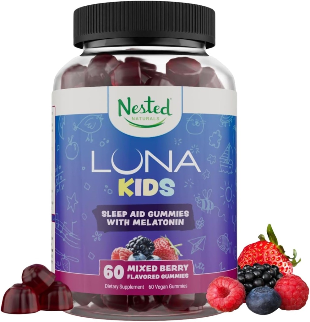 Nested Naturals Luna Kids Sleep Gummies - Non-Habit Forming Kids Melatonin Gummy with Valerian Root, Chamomile, and Lemon Balm - Children's Melatonin Sleep Aid - Mixed Berry, 60 Vegan Gummies