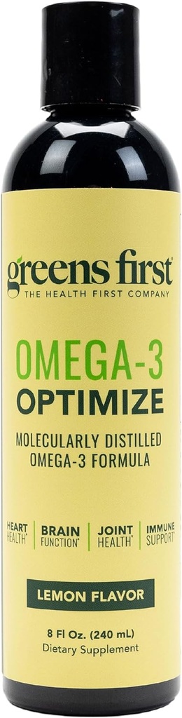Greens First Omega-3 Optimize - Molecularly Distilled Liquid Omega-3 Fish Oil Supplement Formula - 1380 mg - Gluten-Free & Non-GMO - Lemon Flavor - 8 Fl Oz