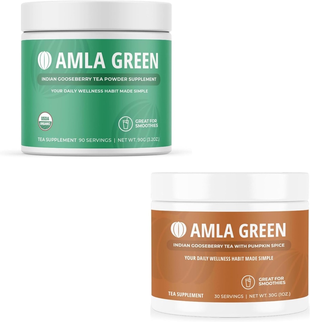 Amla Powder & Green Tea Superfood Supplement, Antioxidant Support, Made with Indian Gooseberries (90 Servings) & Pumpkin Spice (30 Servings), Organic, Vegan