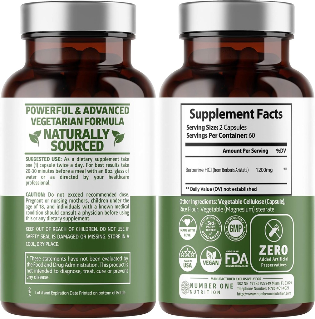 Number One Nutrition N1N Premium Berberine Plus 120 Caps, 1200mg, Natural Supplement Supports Anti-Aging, Cellular Health, Energy and Digestion