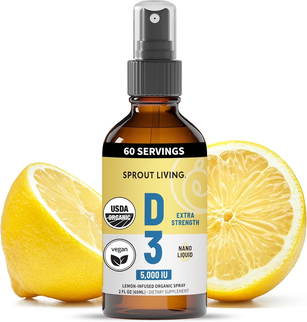 Sprout Living Organic Vitamin D3 5000 IU (Lichen) Spray for Immune Support & Bone Health | Trace Minerals with Real Lemon & Citrus Extract, Sugar Free (2 FL OZ, 60 Servings)