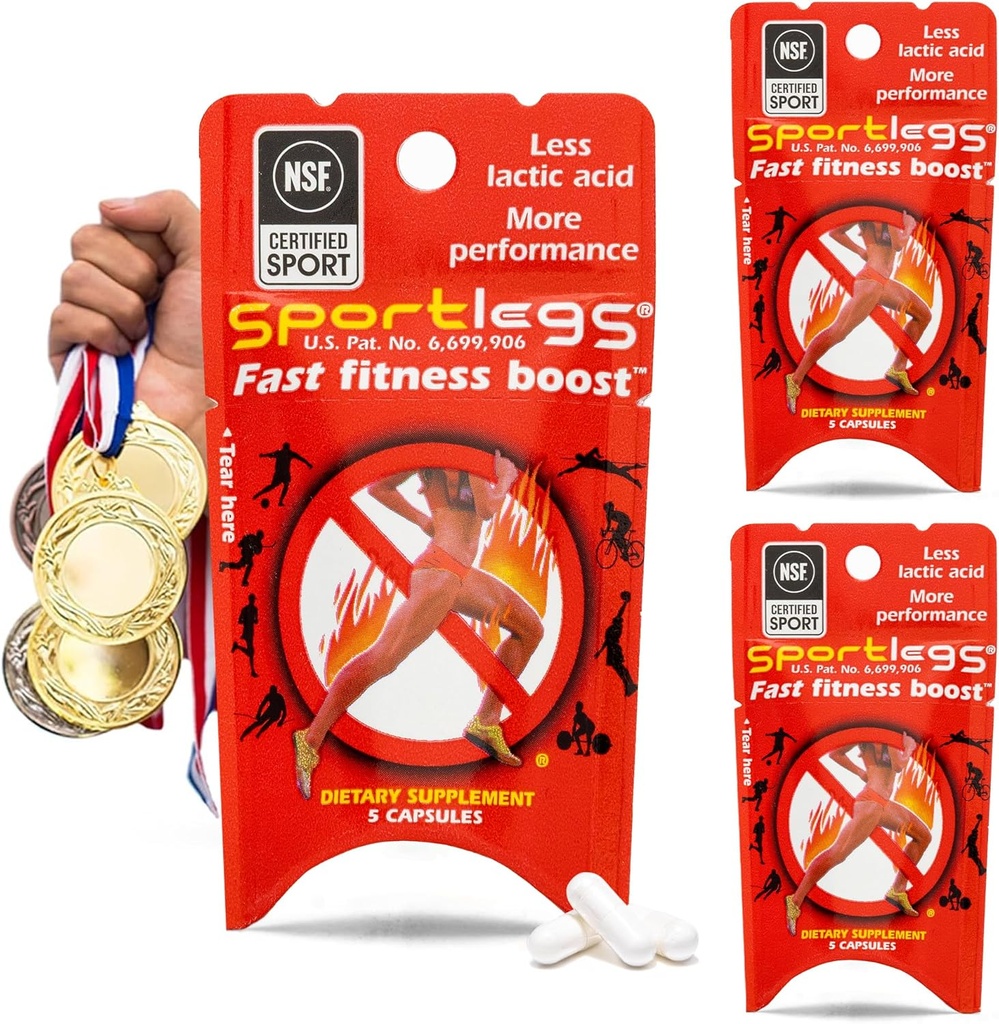 SPORTLEGS Fast Fitness Boost Pre Workout for Men and Women, Lactic Acid Supplement, Sports Endurance Fuel Endurance Supplements for Runners - 5-Cap Packet, Trial Pack of 3
