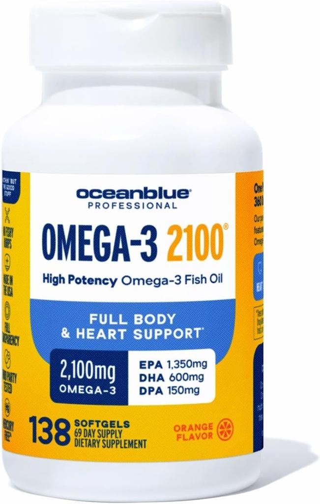 Oceanblue Professional Omega-3 2100mg Fish Oil Supplement – Triple Strength, High Potency EPA, DHA & DPA – Burpless, Wild-Caught, Natural Orange Flavor – 138 Count (Pack of 1)