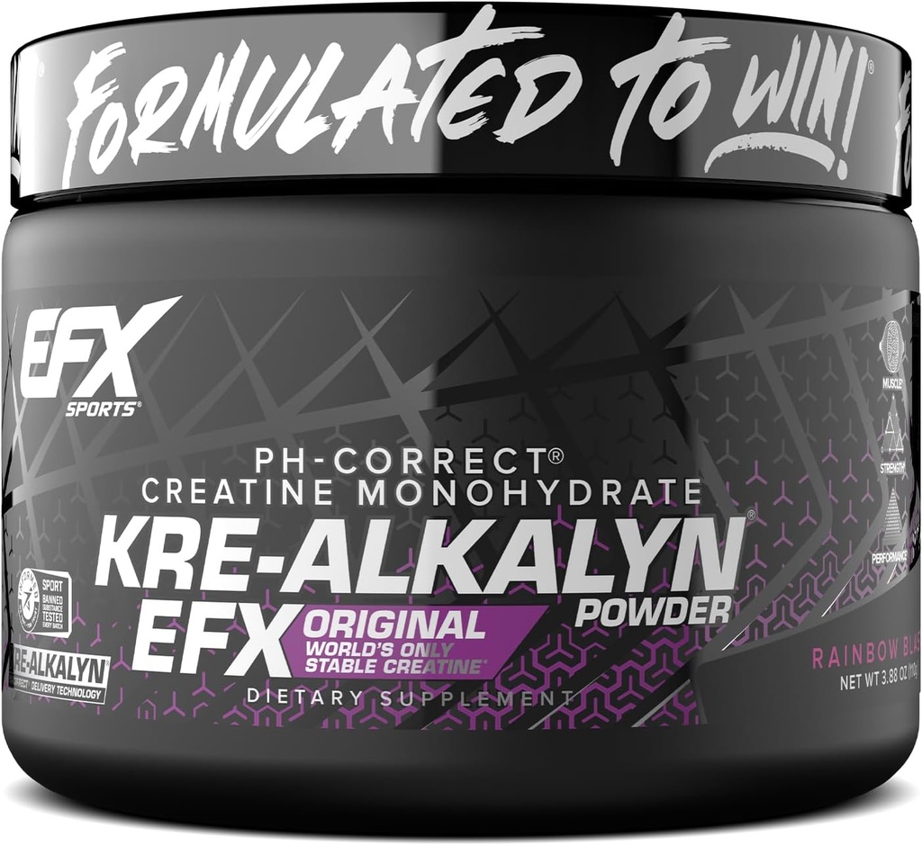 EFX Sports Kre-Alkalyn EFX Powder | pH Correct Creatine Monohydrate Powder Supplement | Strength, Muscle Growth & Performance | 55 Servings (Rainbow Blast)