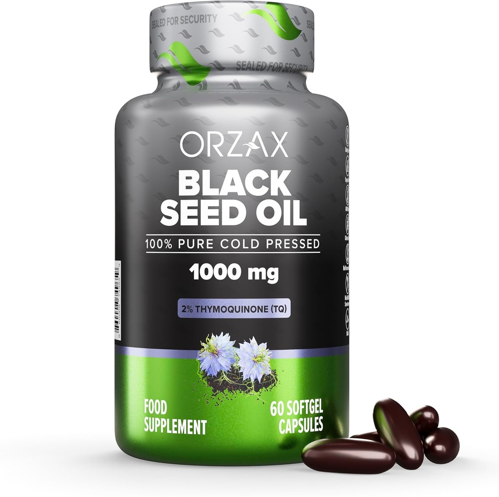 ORZAX 1000 mg Black Seed Oil Organic Cold Pressed Capsules with 20mg Thymoquinone for Immune Support, Good Hair, Skin, and Joints (60 Soft Gel Capsules)
