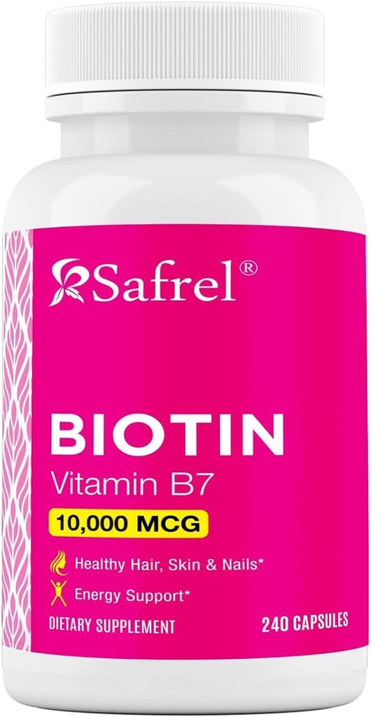 Safrel Biotin (Vitamin B7) 10,000mcg (10mg) Vitamin Supplement, 240 Capsules - Vegetarian, Gluten Free, Quick Release, Non-GMO