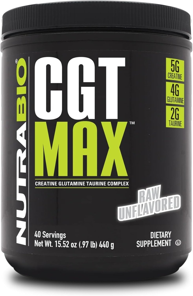 NutraBio CGT-MAX Powder- Creatine, Glutamine and Taurine to Support Muscle Recovery and Strength - 40 Servings - Unflavored