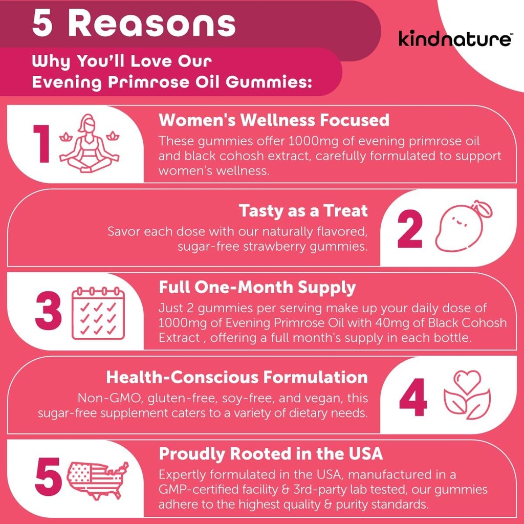 kindnature Evening Primrose Oil Gummies for Women – 1000mg with Black Cohosh Extract – Hormonal Balance, PMS & Menopause Support – Vegan, Sugar-Free, Non-GMO
