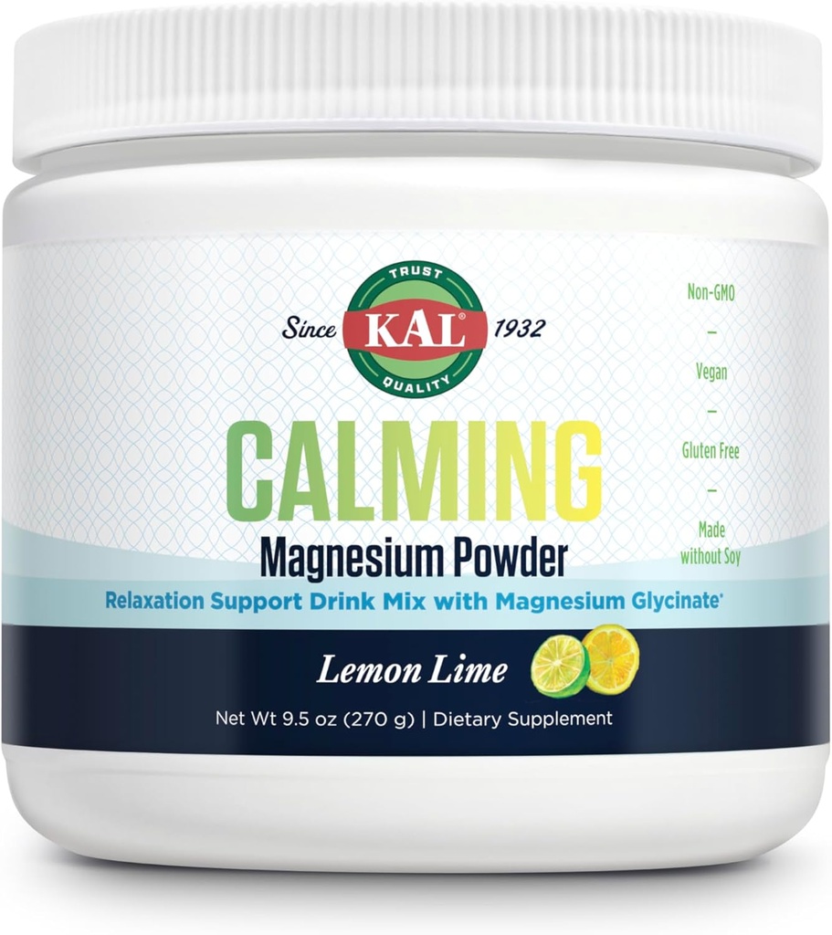 KAL Calming Magnesium Powder - Lemon Lime Flavor Magnesium Supplement - High Absorption, Relaxation Support, No Added Sugar, Vegan, Gluten Free, Made Without Soy - 40 Servings, 9.5 oz