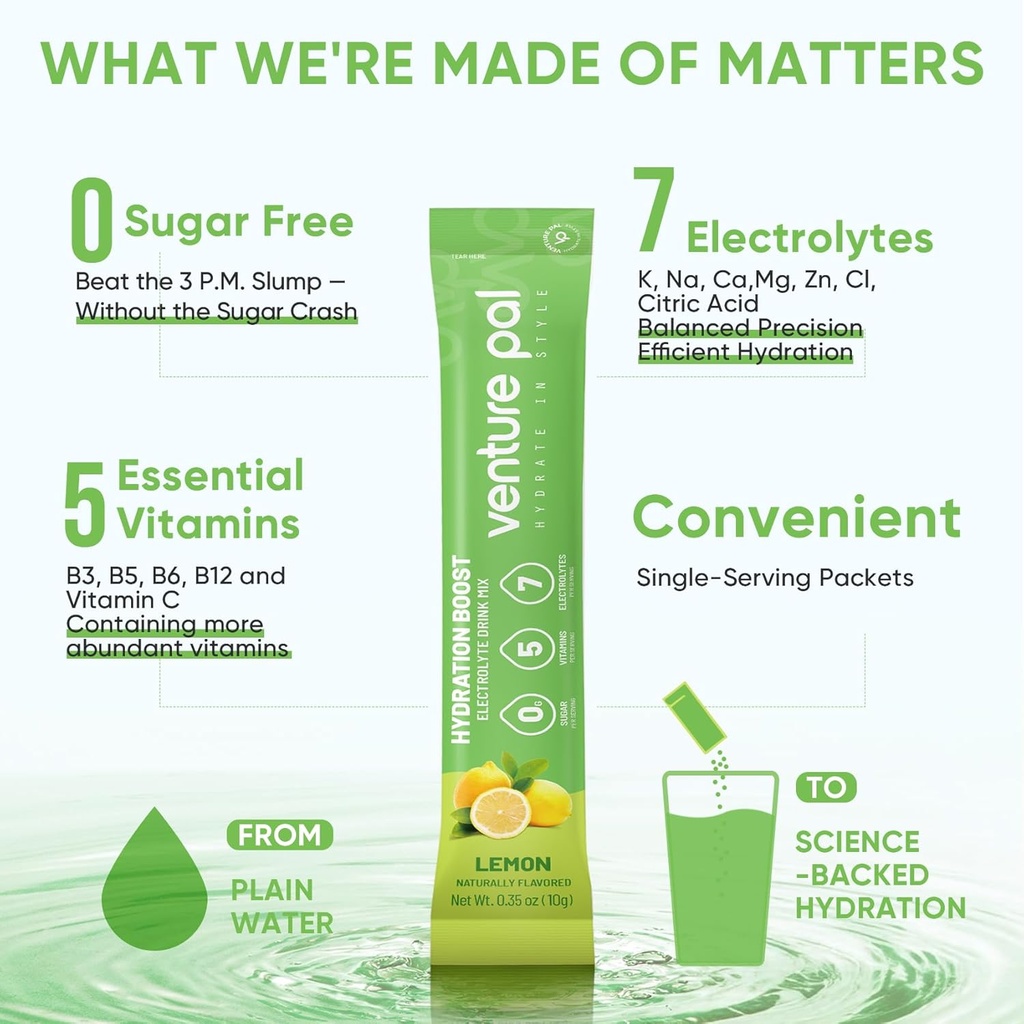 Venture Pal Sugar Free Electrolytes Powder Packets - Liquid Daily IV Hydration Packets | Instantly Hydrating & Party Recovery | 5 Vitamins & 7 Electrolytes | Certified Vegan, Keto, Non-GMO | 16 Sticks