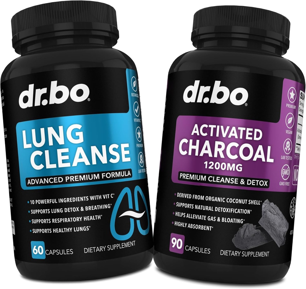 Lung Cleanse & Activated Charcoal Capsules - Respiratory Supplements & Organic Coconut Charcoal Pills for Stomach Gas and Bloating Support - Herbal Detox for Lungs, Bronchial Health & Gut