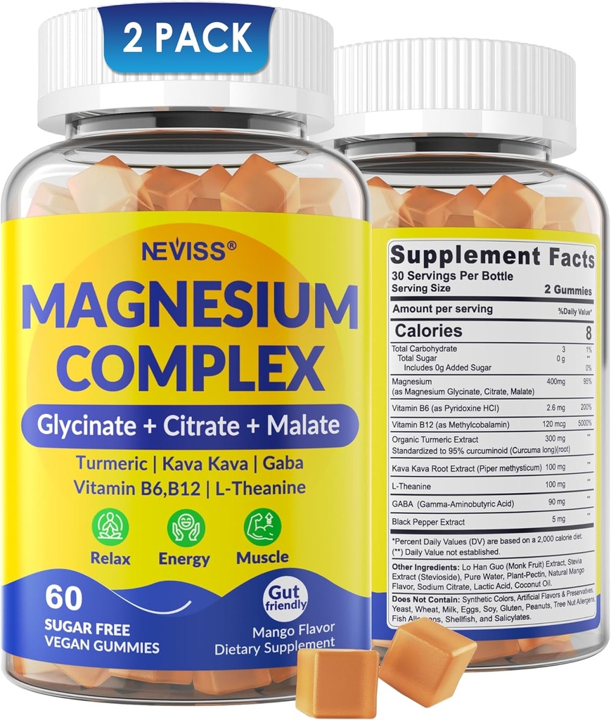 Magnesium Complex Gummies 400mg, Magneisum Glycinate Citrate Malate + Turmeric, GABA, B6 B12, Kava Kava, L-Theanine for Sleep, Calm, Relaxation, Energy, Magnesium Gummies for Women Men, Vegan, 2 Pack