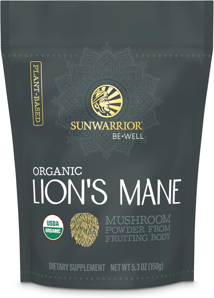 Sunwarrior Lions Mane Supplement Organic Mushroom Powder | Lion's Mane Powder Focus Supplement Mushroom Tea | 150g Pouch 60 Servings | Be Well