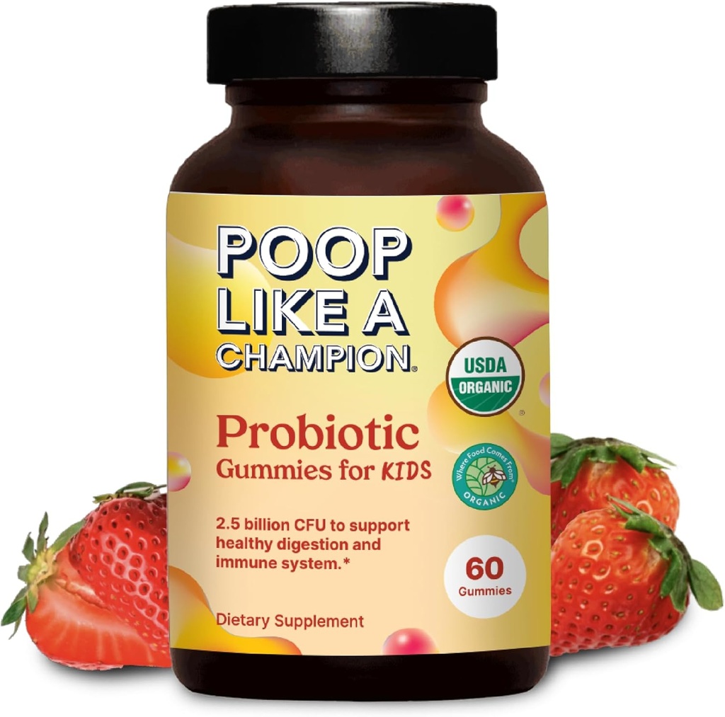 Poop Like a Champion Probiotic Gummies for Kids – USDA Organic, Vegan, Non-GMO, Gentle Digestive Health Support, 60 Gummies