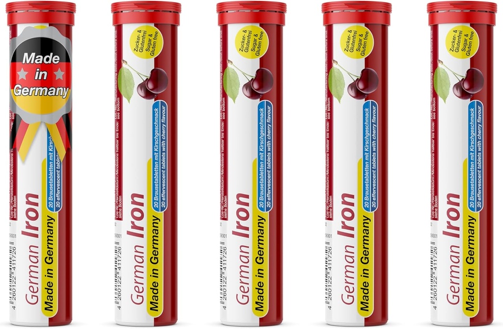 T&D German Iron 14 mg - 100 Vegan Drink Effervescent Tablets - Cherry Flavor - Made in Germany