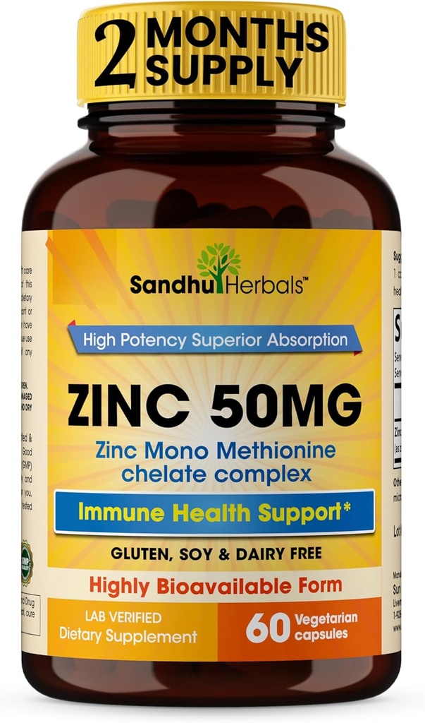 Sandhu Herbals Zinc 50mg Supplement for Men & Women| High Absorption Zinc Monomethionine Complex 60 Capsules| Supplements for Immune, Acne & Antioxidant Support| Vegetarian