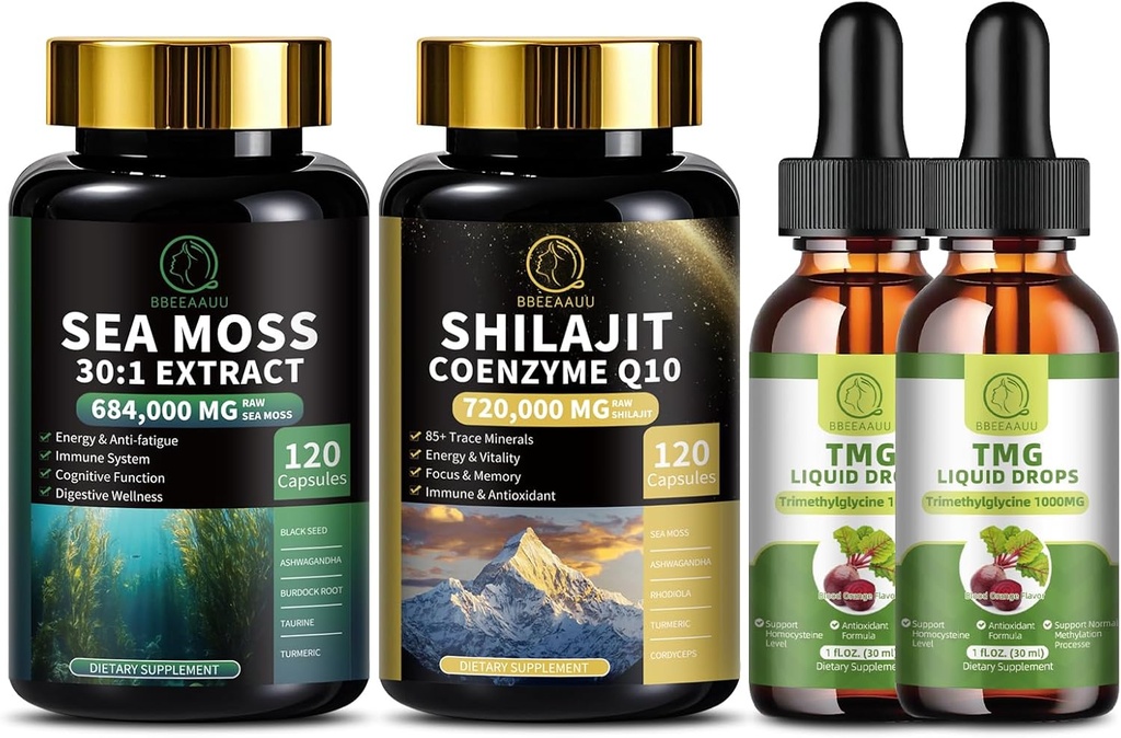 Sea Moss and Shilajit Bundle & TMG (Trimethylglycine) Supplement Liquid Drops, for Energy, Antioxidant, Immune Support, Liver Wellness & Cognitive Function