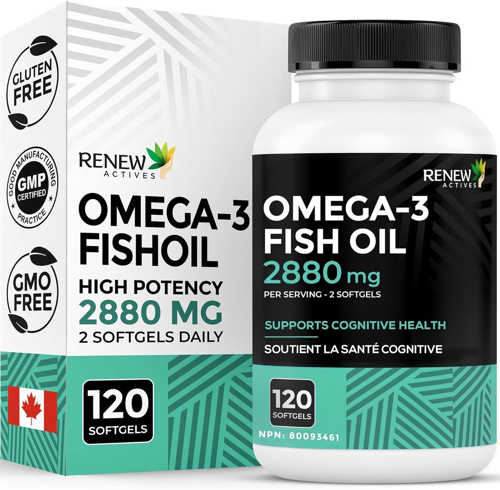 Renew Actives Omega-3 Fish Oil 2400MG per 2 Softgels - 720MG EPA & DHA - Supports Heart, Brain, Eye Health, & Triglyceride Reduction - No Fishy Aftertaste - Made in Canada - 120 Softgels