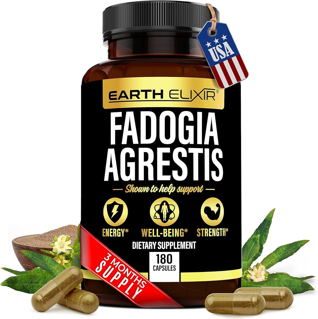 Earth Elixir Fadogia Agrestis Supplement 900mg (180 Capsules) - Made in USA - 3 Month Supply - 3rd Party Tested - Fadogia Agrestis Extract -Max Purity – 100% Pure – Fadogia Agrestis Capsules
