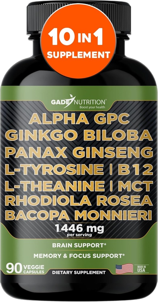 Gade Nutrition Alpha GPC + Ginkgo Biloba + Panax Ginseng + L- Tyrosine, L-Theanine, Bocopa Monnieri, Rhodiola Rosea, B12, MCT