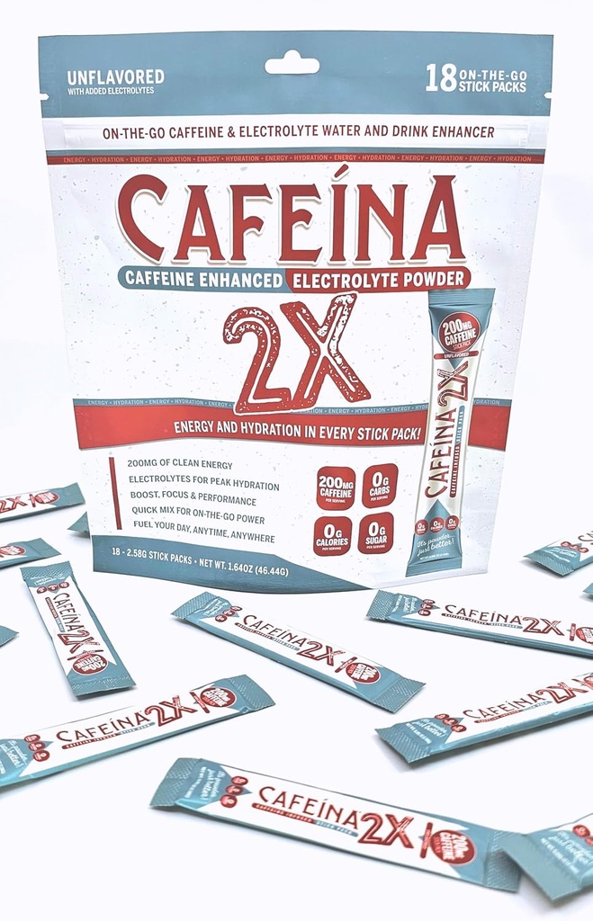 CAFEINA 2X - 200mg Caffeine and Electrolyte Infused Powder Stick Packs (18 Count)