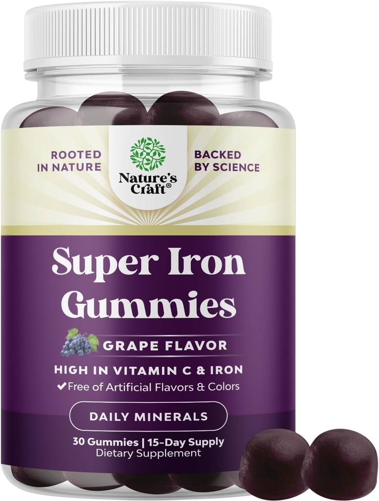 Extra Strength Iron Supplement Gummies for Women & Men - Chewable Iron with Vitamin C & B Complex for Energy Blood Builder & Immune Support - Increase Red Blood Cells Supplement - 30 Count